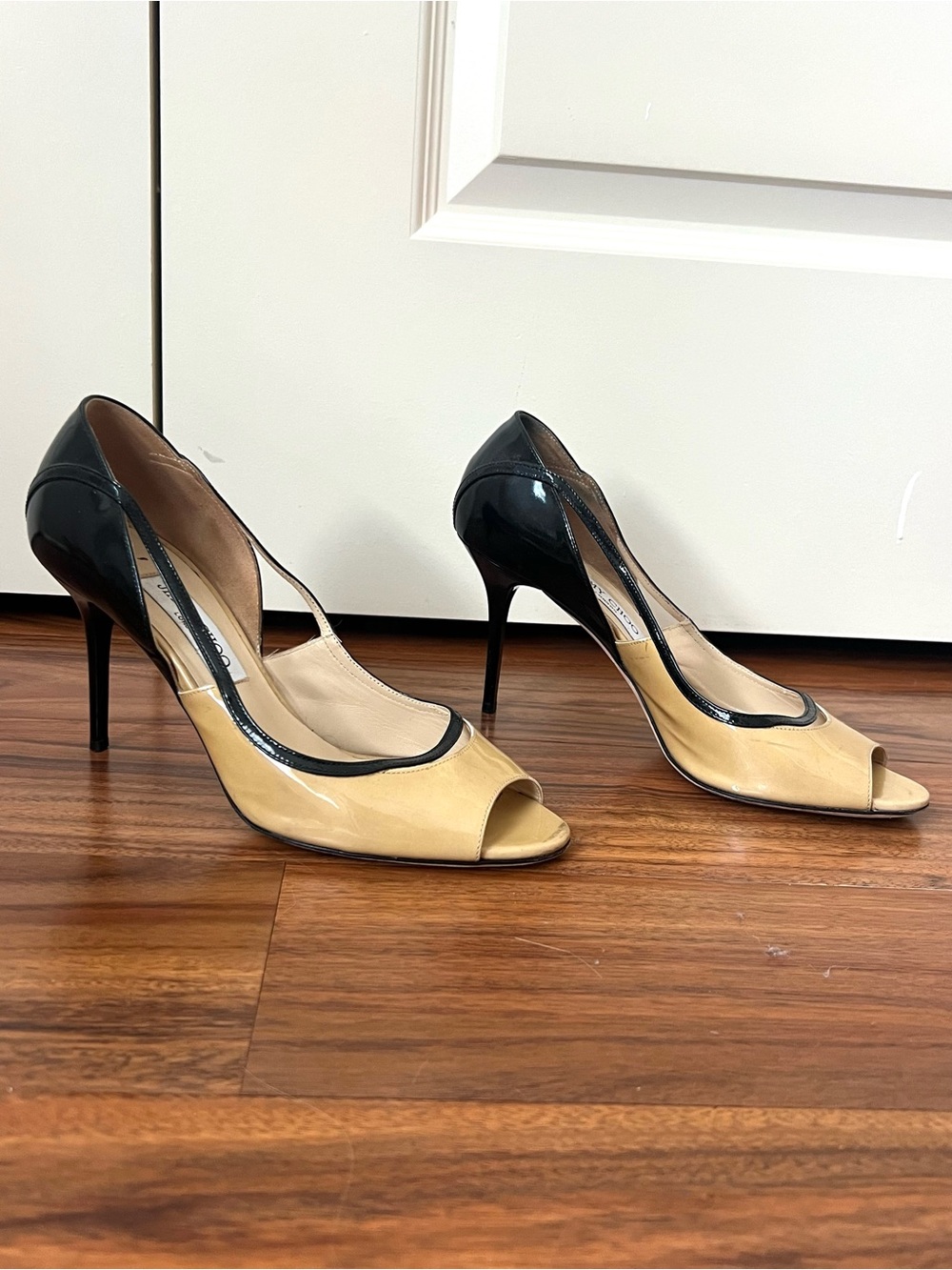 Jimmy Choo Beige and Black Two-Tone Peep-Toe Stiletto Heels